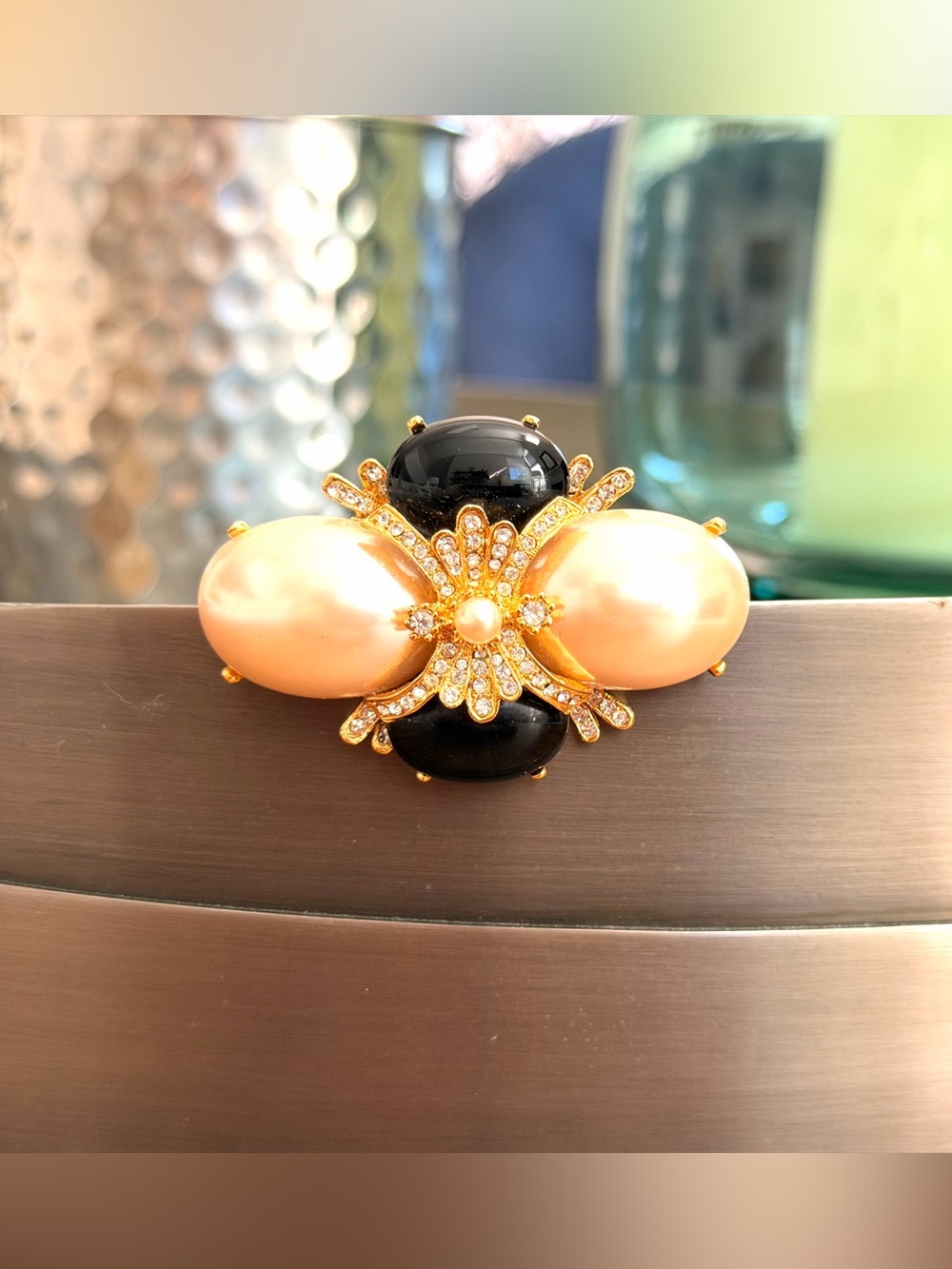 Vintage Joan Rivers Faux Pearl Black Rhinestone Pill Brooch